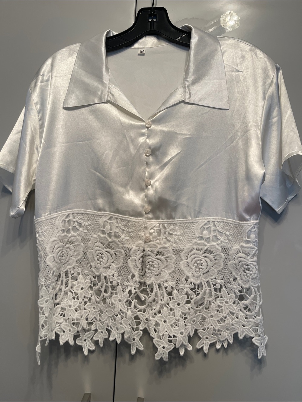 SHEIN White Satin Button-Front Top with Crochet Hem